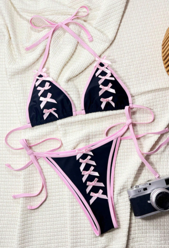 Gothic Black and Pink Bow Bikini Set Lace-Up Two-Piece Swimsuit